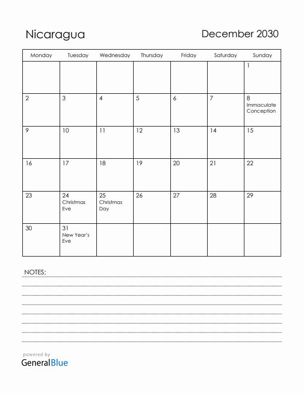 December 2030 Nicaragua Calendar with Holidays (Monday Start)