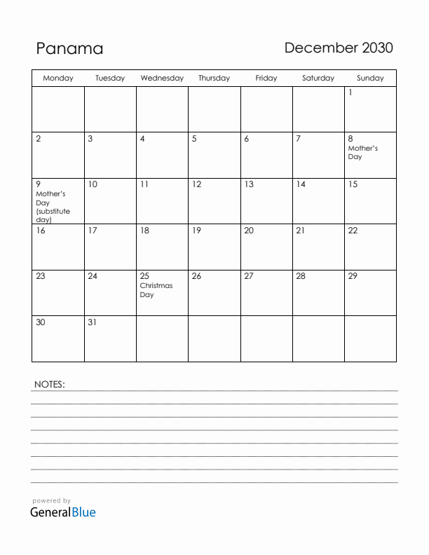 December 2030 Panama Calendar with Holidays (Monday Start)