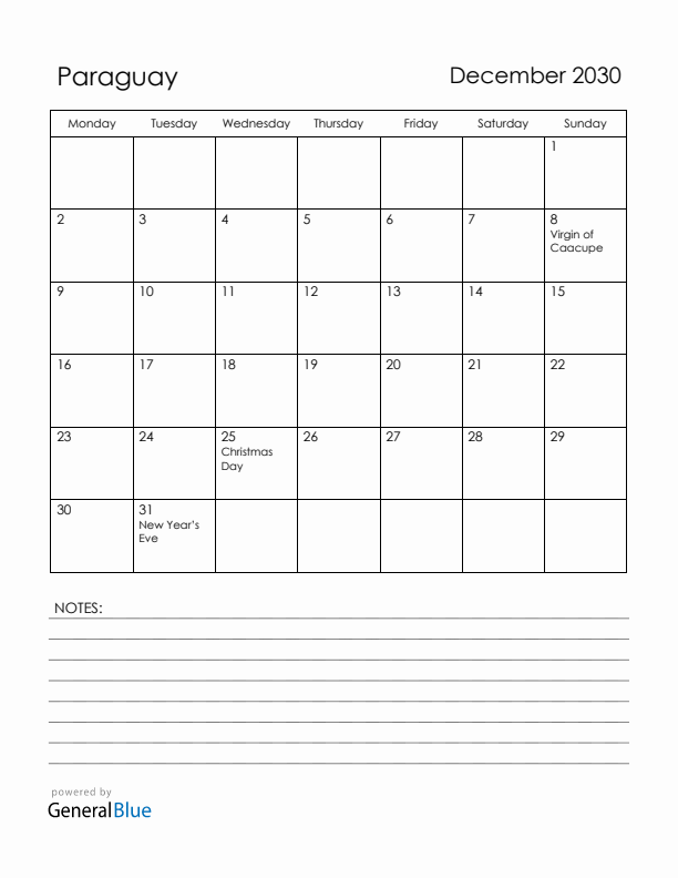 December 2030 Paraguay Calendar with Holidays (Monday Start)