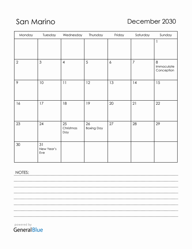 December 2030 San Marino Calendar with Holidays (Monday Start)