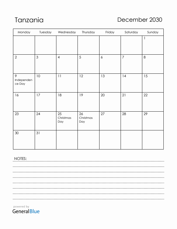 December 2030 Tanzania Calendar with Holidays (Monday Start)