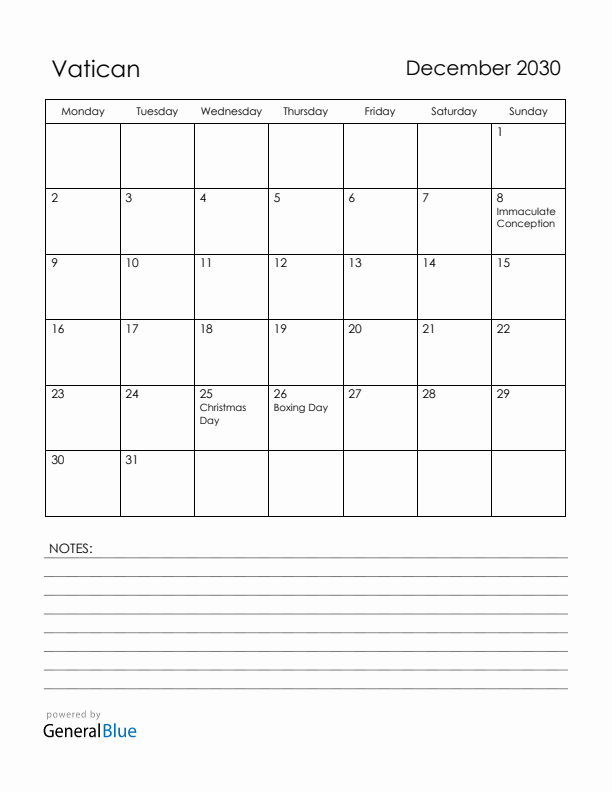 December 2030 Vatican Calendar with Holidays (Monday Start)