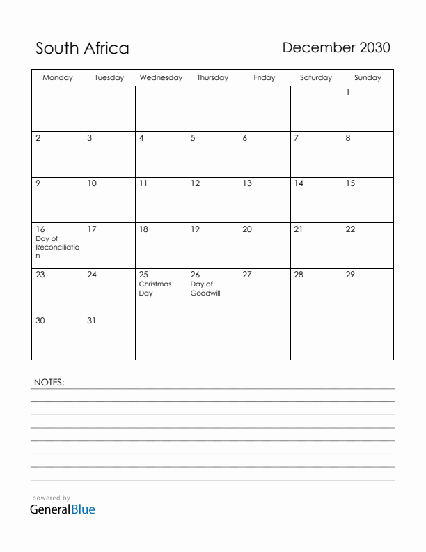 December 2030 South Africa Calendar with Holidays (Monday Start)