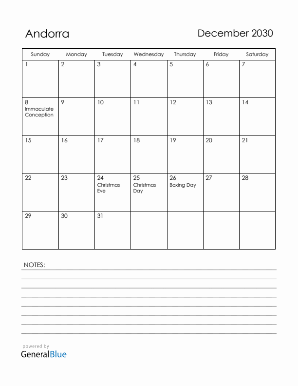 December 2030 Andorra Calendar with Holidays (Sunday Start)