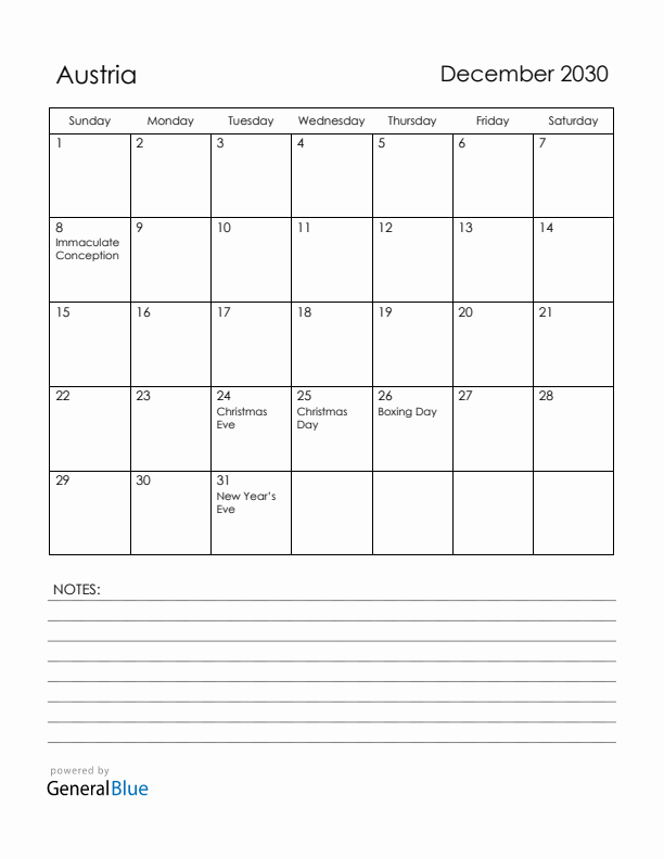 December 2030 Austria Calendar with Holidays (Sunday Start)