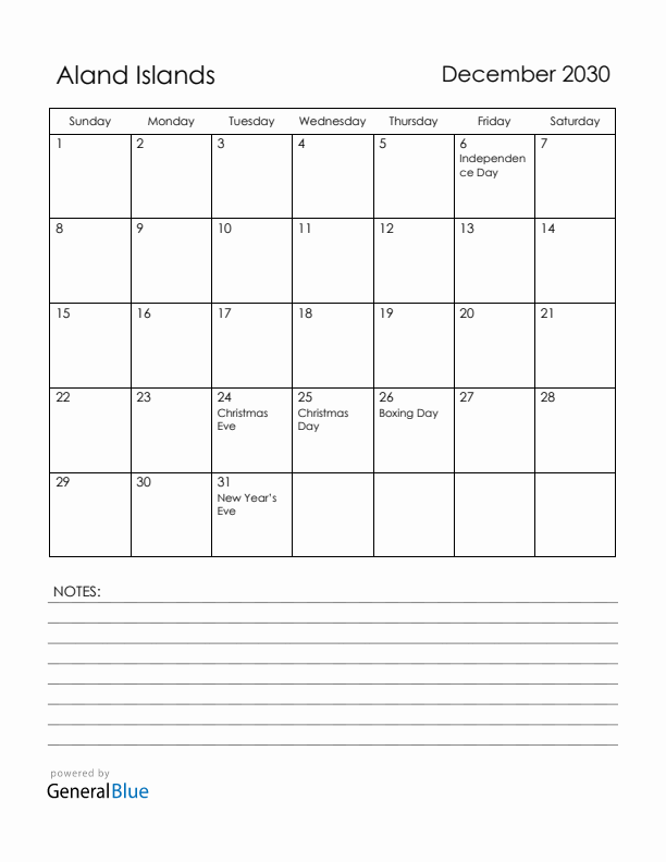 December 2030 Aland Islands Calendar with Holidays (Sunday Start)