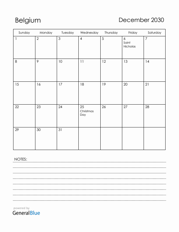 December 2030 Belgium Calendar with Holidays (Sunday Start)