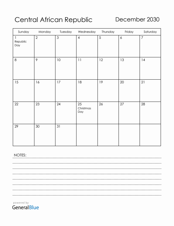 December 2030 Central African Republic Calendar with Holidays (Sunday Start)