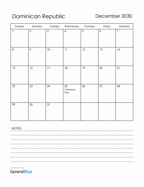 December 2030 Dominican Republic Calendar with Holidays (Sunday Start)