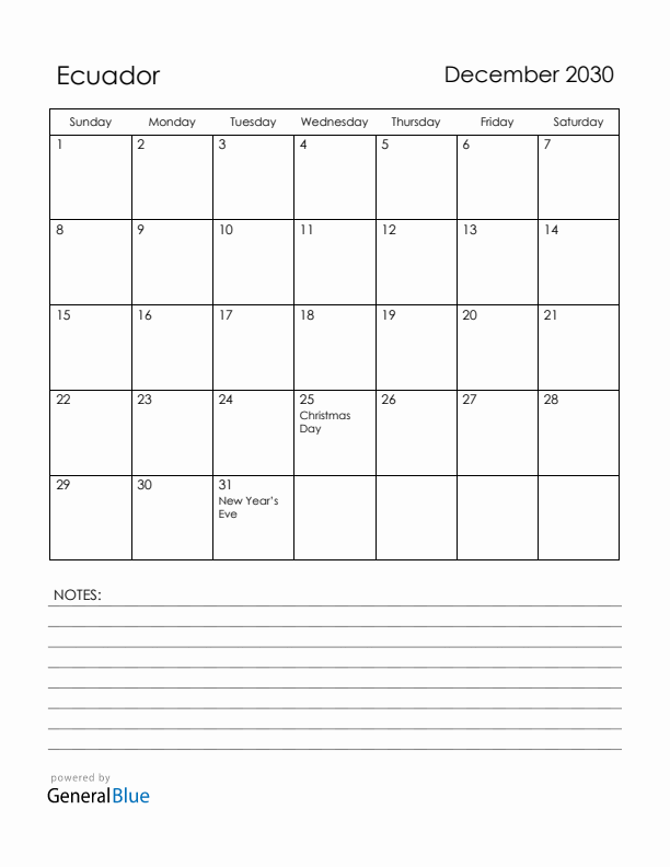 December 2030 Ecuador Calendar with Holidays (Sunday Start)