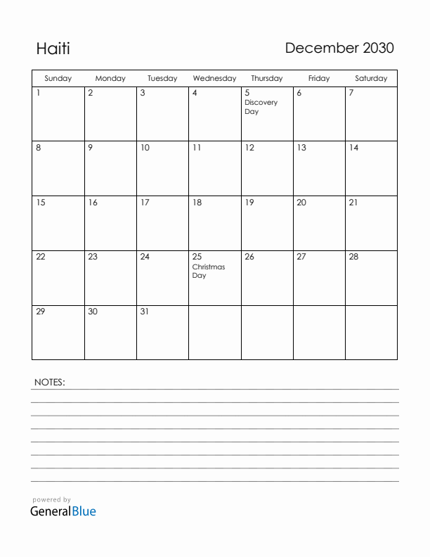 December 2030 Haiti Calendar with Holidays (Sunday Start)