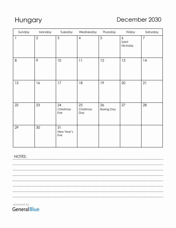 December 2030 Hungary Calendar with Holidays (Sunday Start)