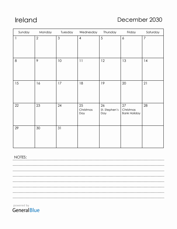 December 2030 Ireland Calendar with Holidays (Sunday Start)