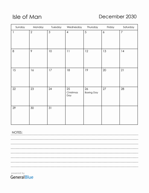 December 2030 Isle of Man Calendar with Holidays (Sunday Start)