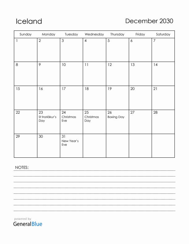 December 2030 Iceland Calendar with Holidays (Sunday Start)
