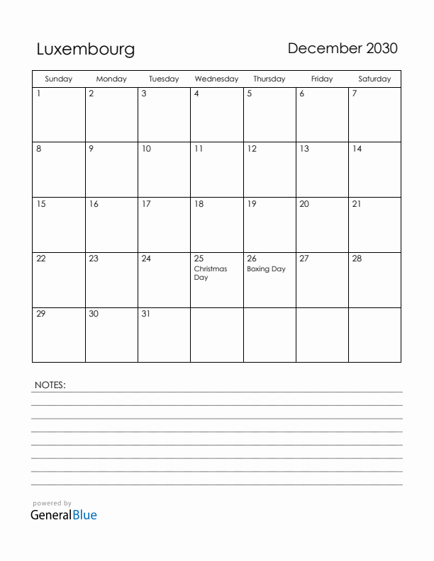 December 2030 Luxembourg Calendar with Holidays (Sunday Start)