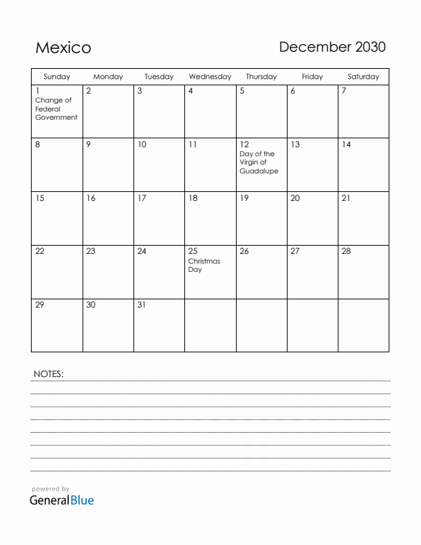 December 2030 Mexico Calendar with Holidays (Sunday Start)