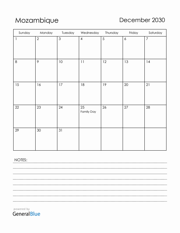 December 2030 Mozambique Calendar with Holidays (Sunday Start)