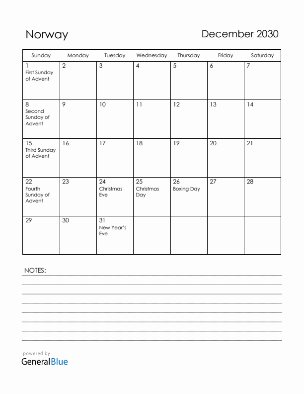 December 2030 Norway Calendar with Holidays (Sunday Start)