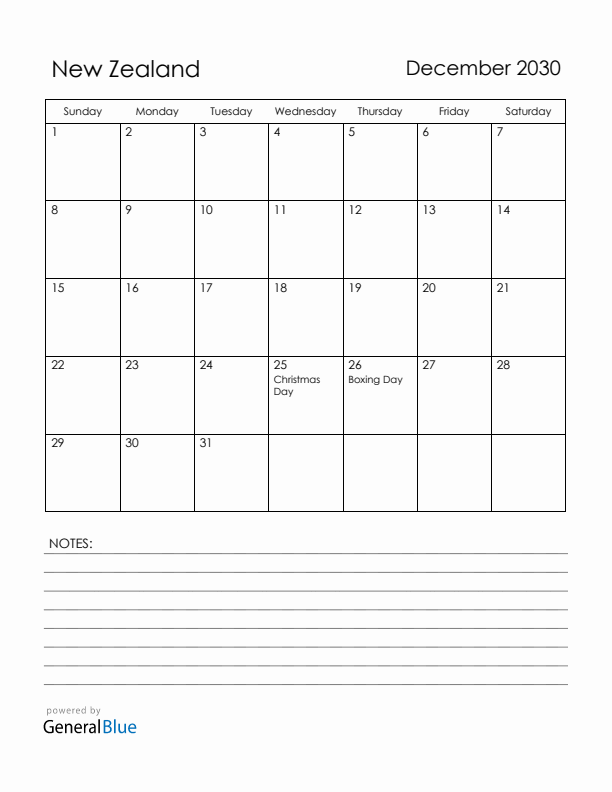 December 2030 New Zealand Calendar with Holidays (Sunday Start)