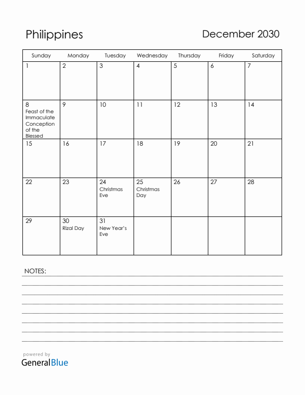 December 2030 Philippines Calendar with Holidays (Sunday Start)