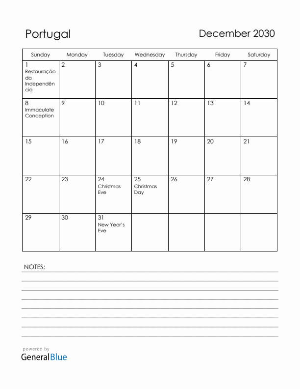 December 2030 Portugal Calendar with Holidays (Sunday Start)