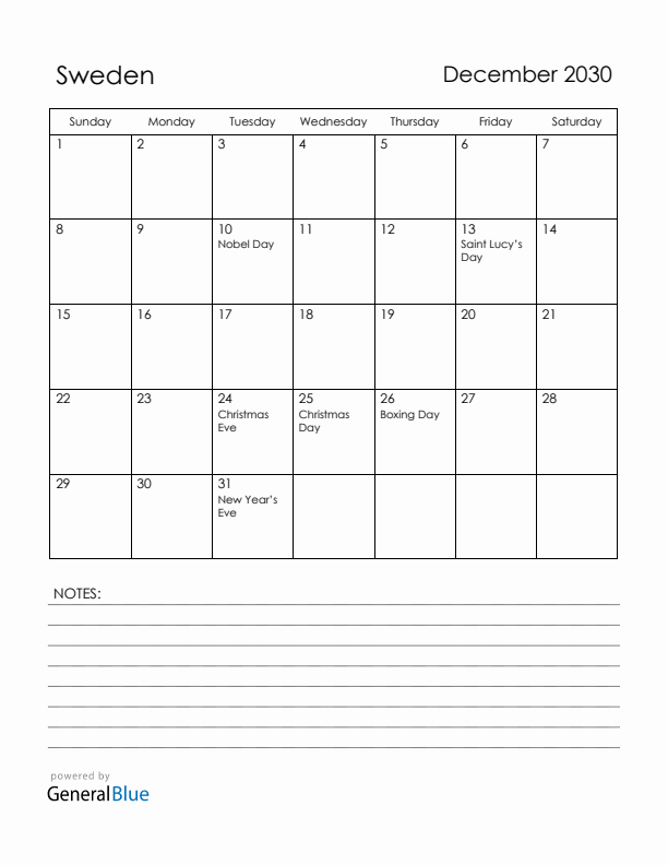 December 2030 Sweden Calendar with Holidays (Sunday Start)