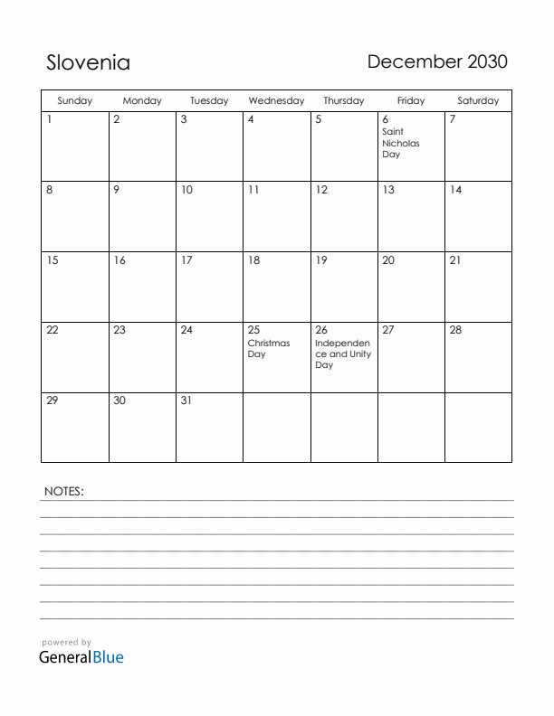 December 2030 Slovenia Calendar with Holidays (Sunday Start)