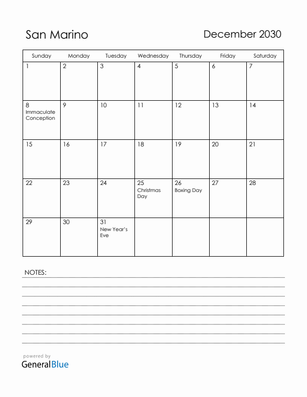 December 2030 San Marino Calendar with Holidays (Sunday Start)