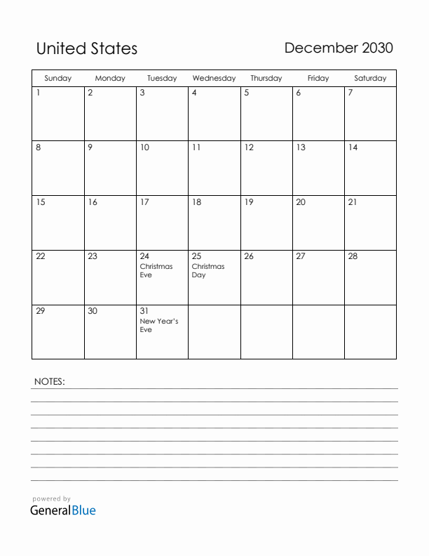 December 2030 United States Calendar with Holidays (Sunday Start)