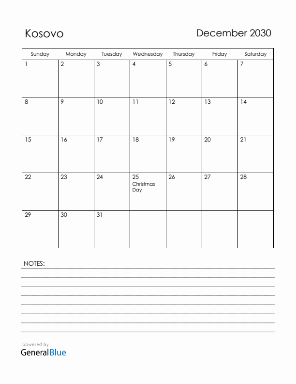 December 2030 Kosovo Calendar with Holidays (Sunday Start)