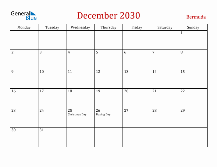 Bermuda December 2030 Calendar - Monday Start