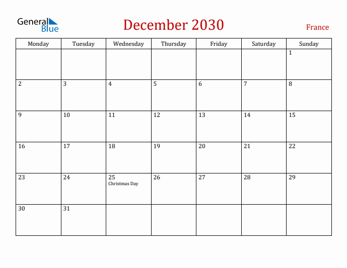 France December 2030 Calendar - Monday Start