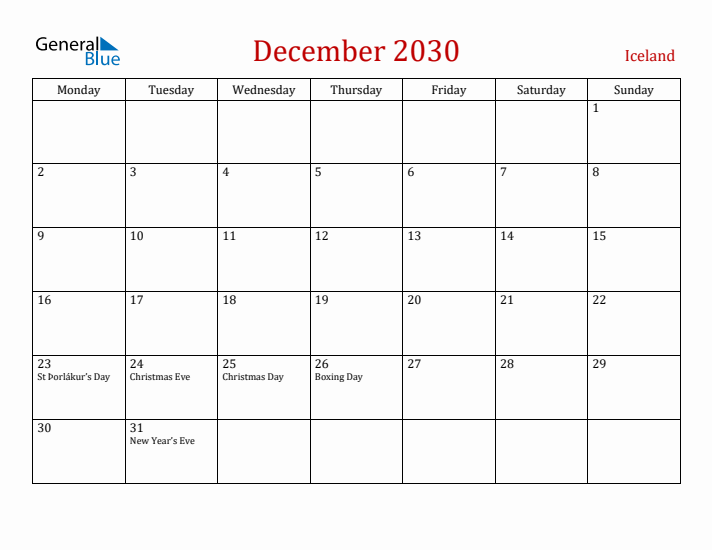 Iceland December 2030 Calendar - Monday Start