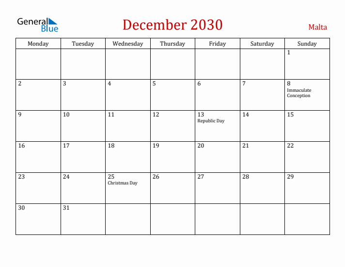 Malta December 2030 Calendar - Monday Start