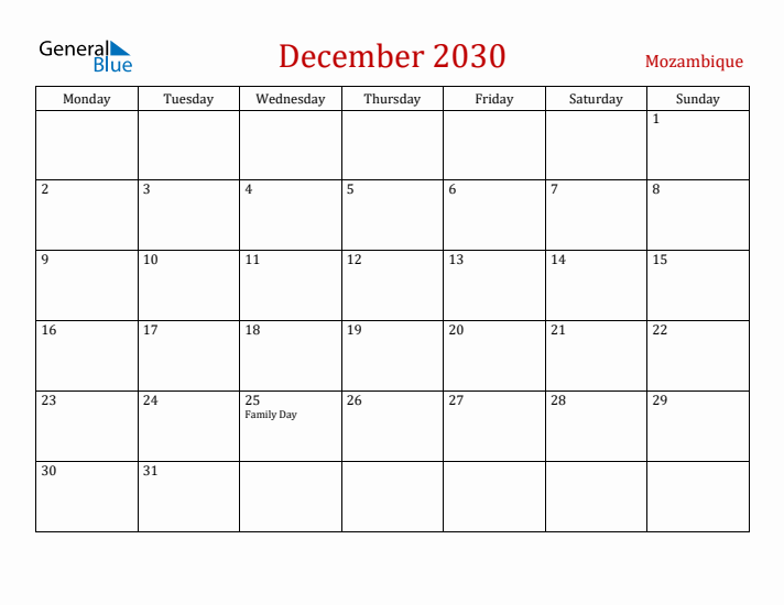 Mozambique December 2030 Calendar - Monday Start