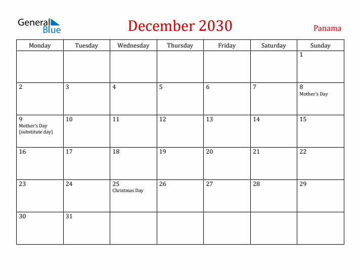 Panama December 2030 Calendar - Monday Start