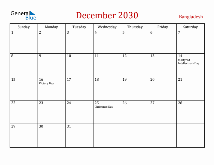 Bangladesh December 2030 Calendar - Sunday Start