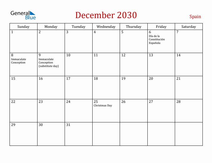 Spain December 2030 Calendar - Sunday Start