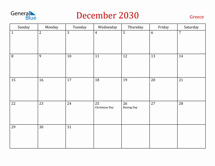 Greece December 2030 Calendar - Sunday Start