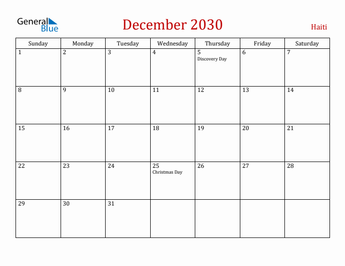 Haiti December 2030 Calendar - Sunday Start