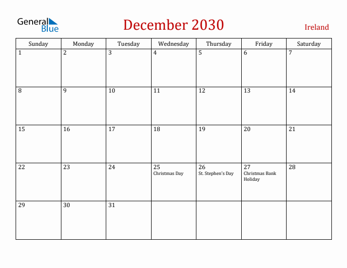 Ireland December 2030 Calendar - Sunday Start