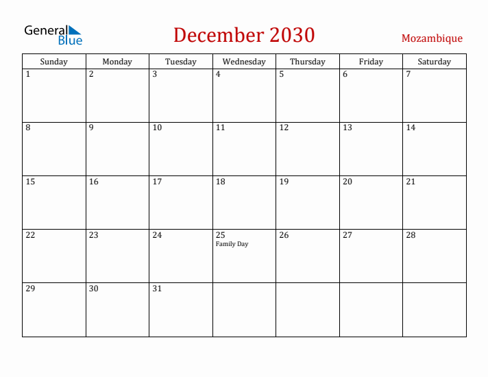 Mozambique December 2030 Calendar - Sunday Start