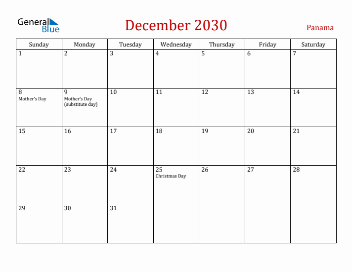 Panama December 2030 Calendar - Sunday Start