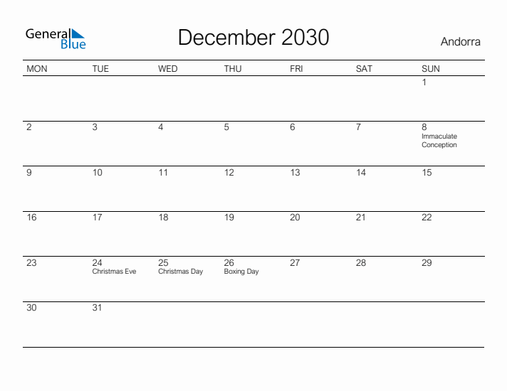 Printable December 2030 Calendar for Andorra