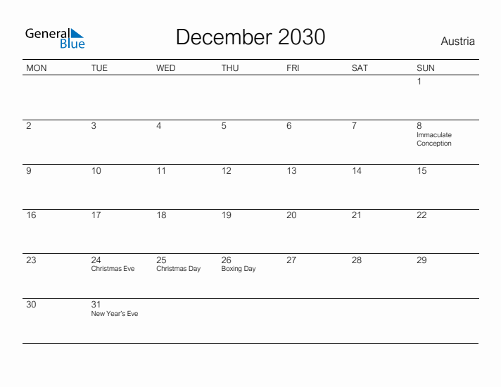 Printable December 2030 Calendar for Austria