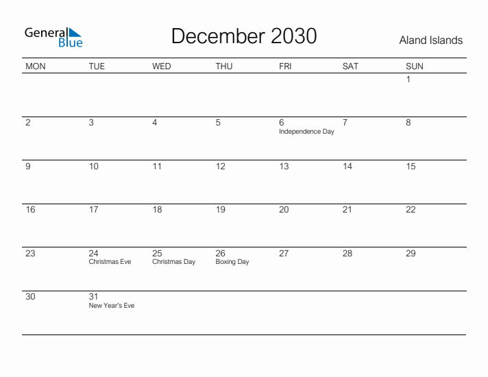 Printable December 2030 Calendar for Aland Islands