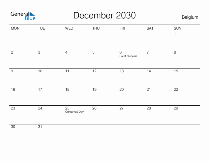 Printable December 2030 Calendar for Belgium