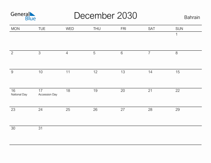 Printable December 2030 Calendar for Bahrain