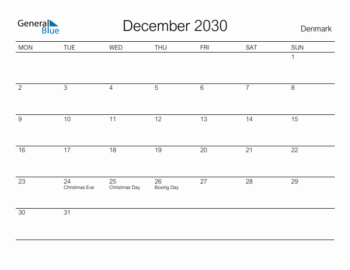 Printable December 2030 Calendar for Denmark